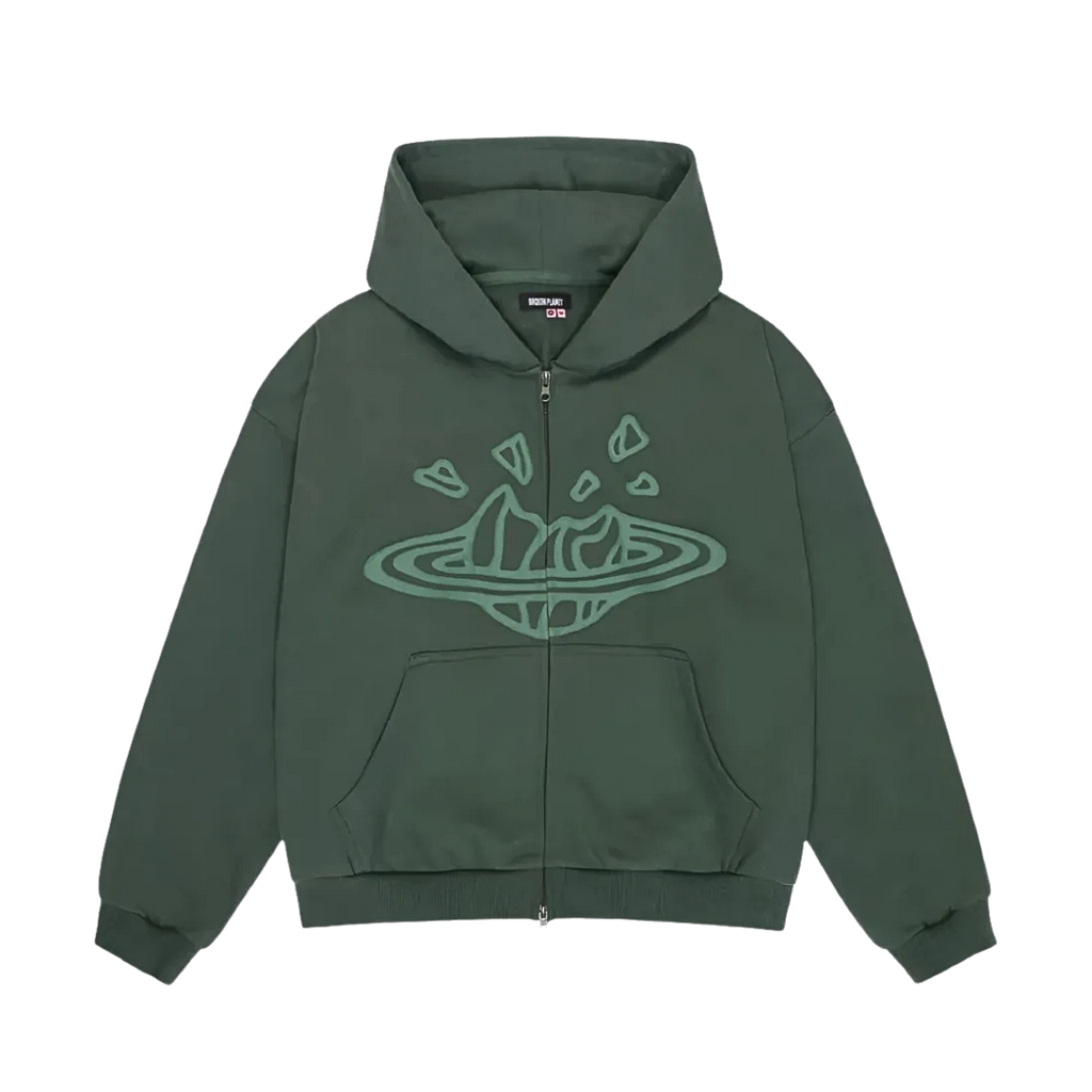 Broken Planet Zip-Up Graphic Hoodie in Emerald Green
