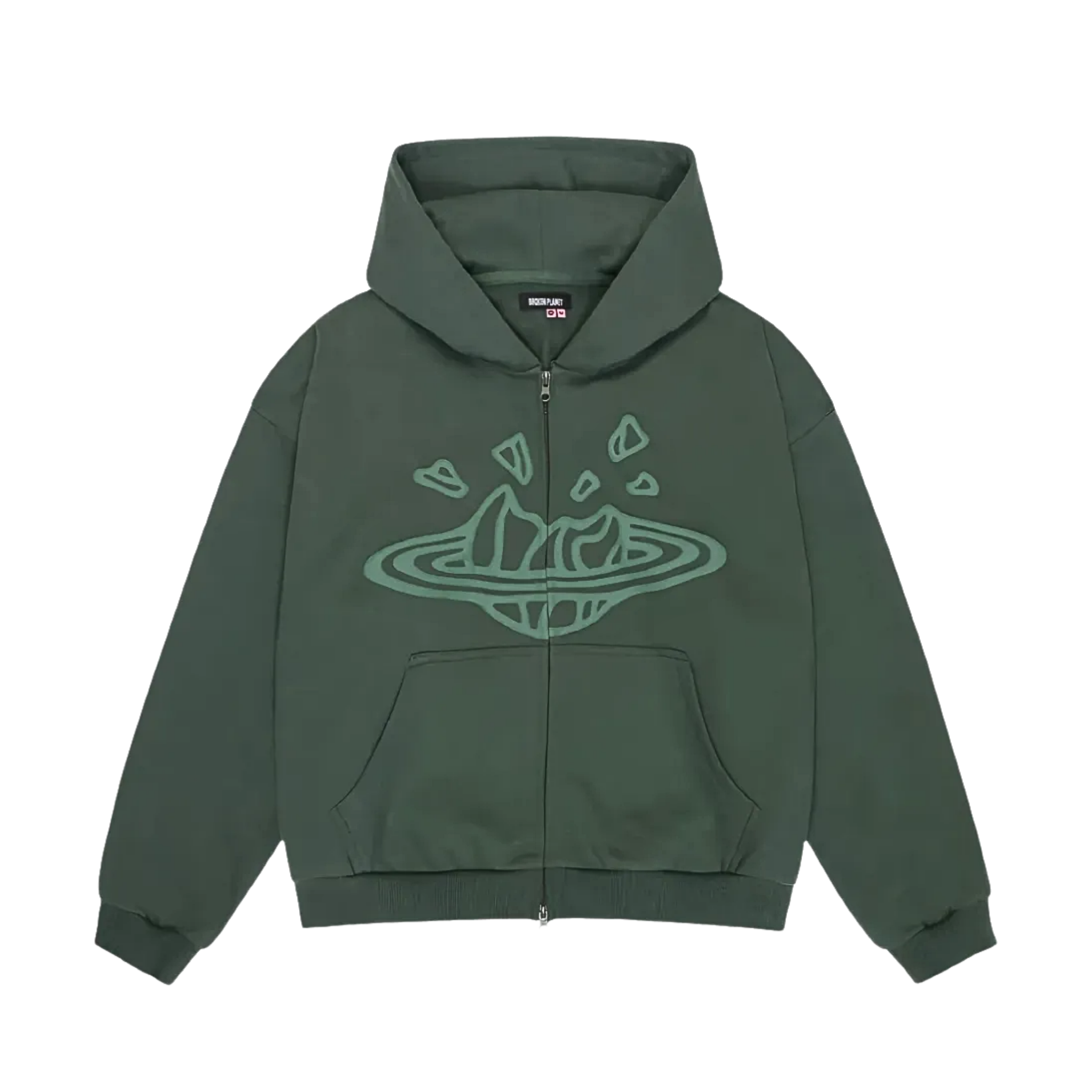 Broken Planet Zip-Up Graphic Hoodie in Emerald Green